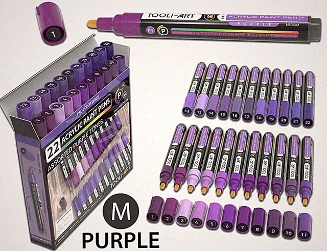 22 Acrylic Paint Pens (PURPLES) Pro Color Series Set (3mm MEDIUM)